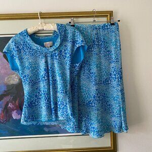 Vintage y2k 100% Silk Blue Cowl Neck Skirt Set Fairy Bias Cut Size 6 Chiffon